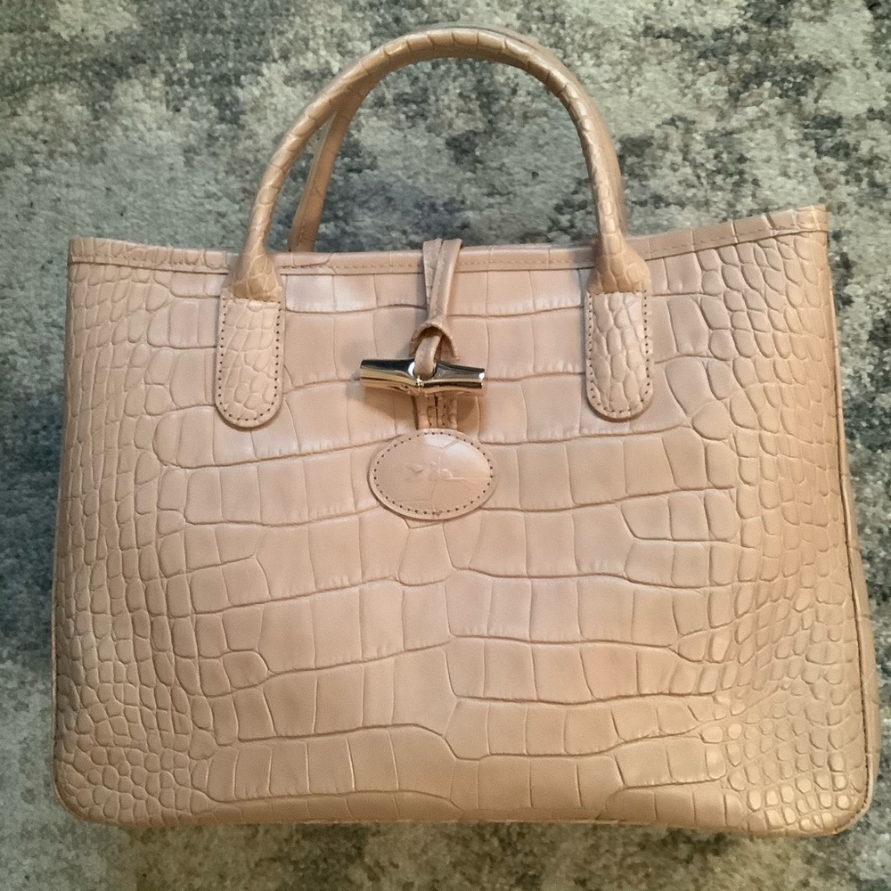 Longchamp blush embossed croc leather Roseau bag